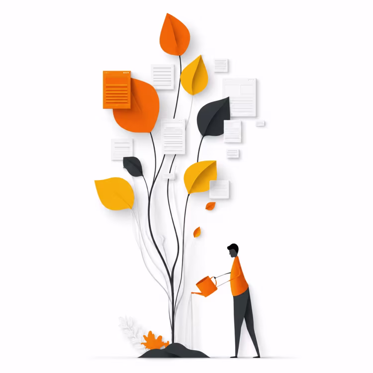 Illustratie van groei door contentbeheer: boom met bladeren en papieren met Sense CMS teksten, wortels in vlammen voor hosting en onderhoud
