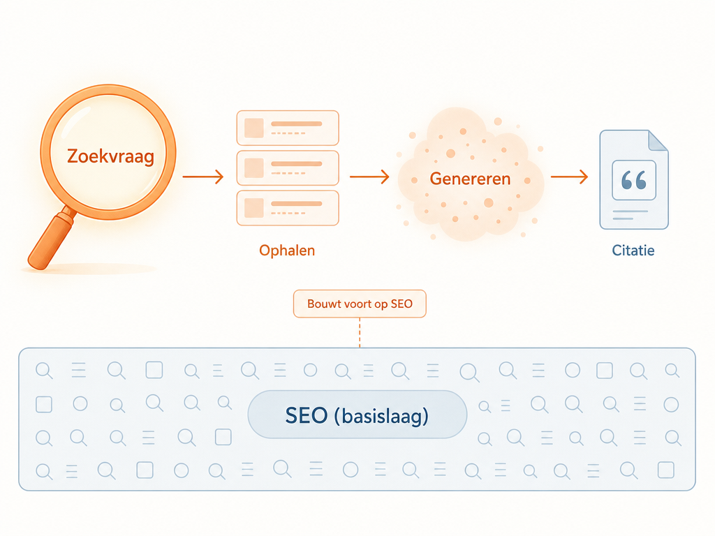Infographic die het AI-searchproces toont als een horizontale stroom van zoekvraag naar citatie, met daaronder een funderingslaag die SEO als basis benadrukt en een korte notitie over de afhankelijkheid tussen beide lagen.