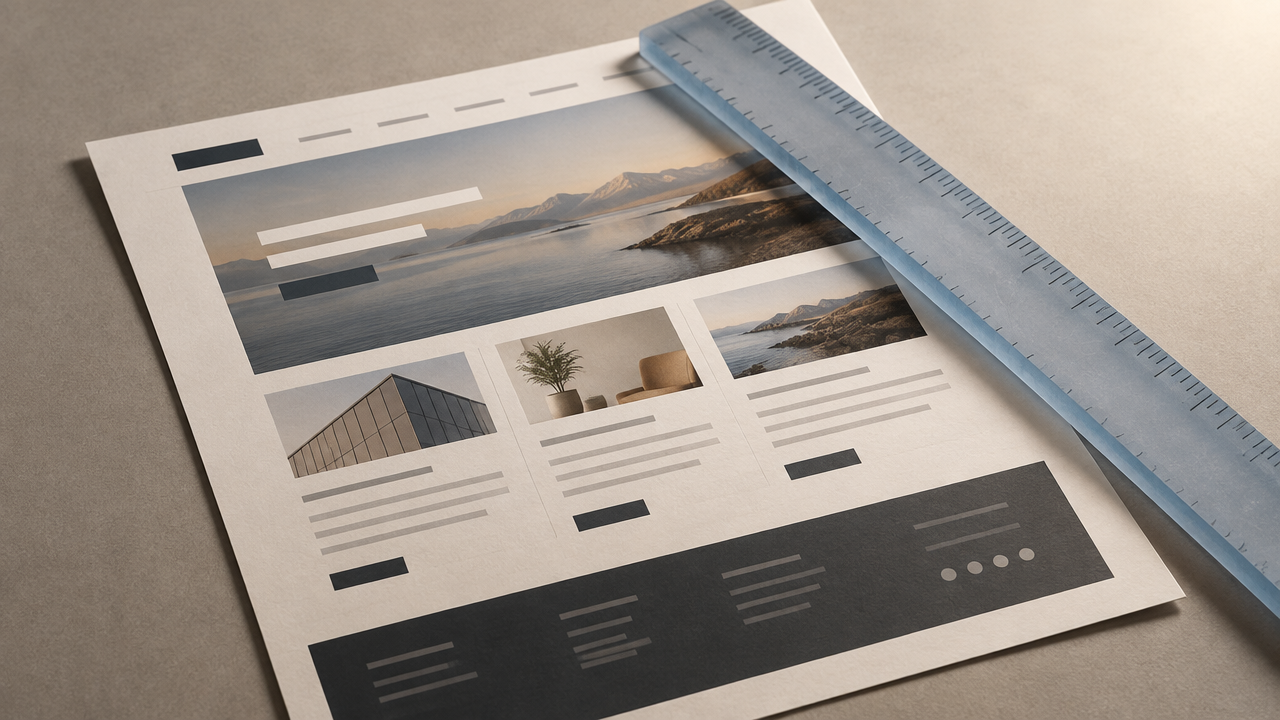 Tom Niemantsverdriet toont AI-websiteconcept op scherm met meetlint voor nauwkeurige lay-out bij Kun je een AI-concept meteen als website of merk gebruiken