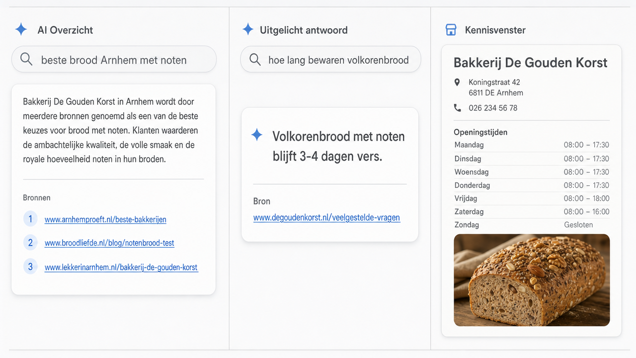 Drie voorbeelden van AI-zoekresultaten: een AI Overzicht met meerdere bronnen, een Uitgelicht antwoord met één bron, en een Kennisvenster met bedrijfsgegevens.