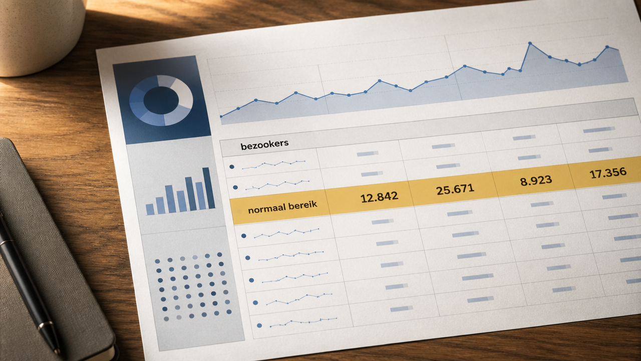Analytics-dashboard toont normaal aantal bezoekers: 12.842 normaal bereik, 25.671 sessies, 8.923 unieke bezoekers en 17.356 pageviews voor website-analyse