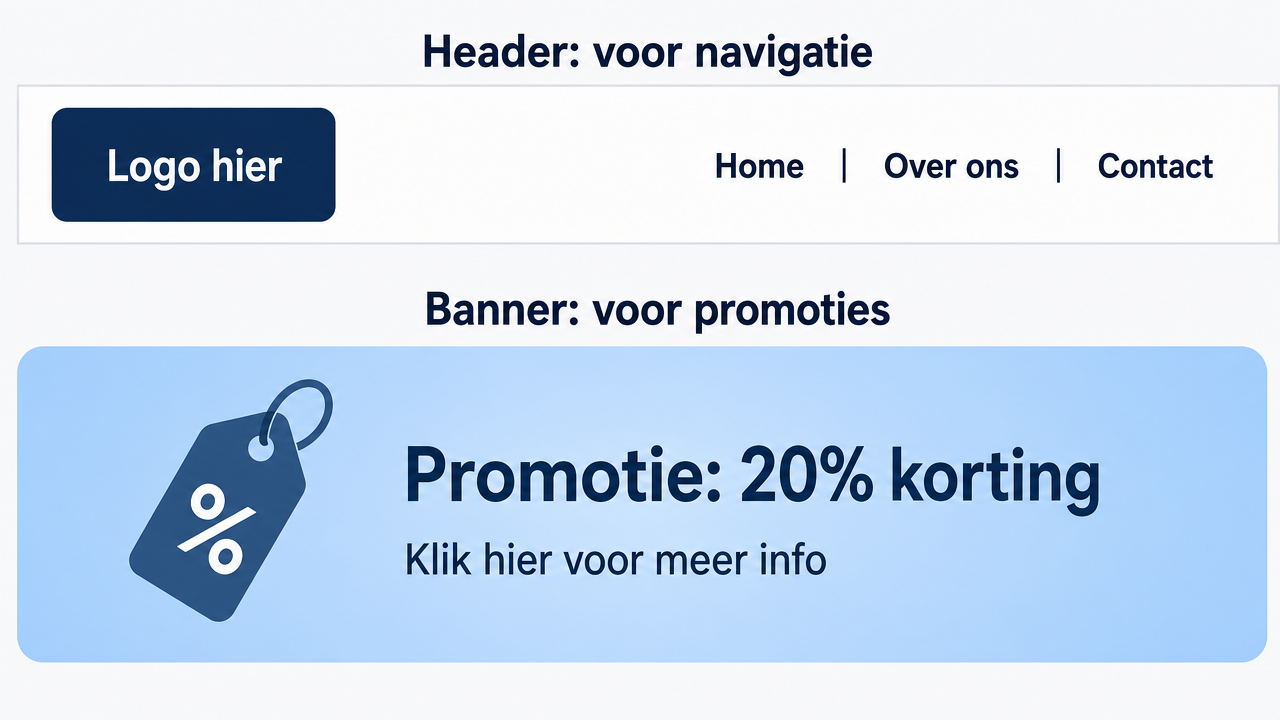 Voorbeeld van een banner en header op een website, met labels die het verschil uitleggen: de banner is voor promoties, de header voor navigatie