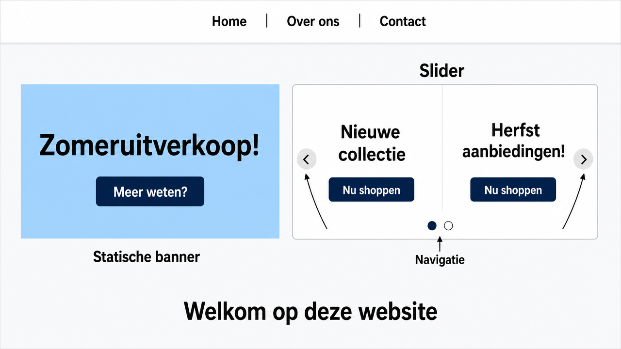 Voorbeeld van een statische banner en slider naast elkaar op een voorbeeldwebsite met annotaties die het verschil laten zien