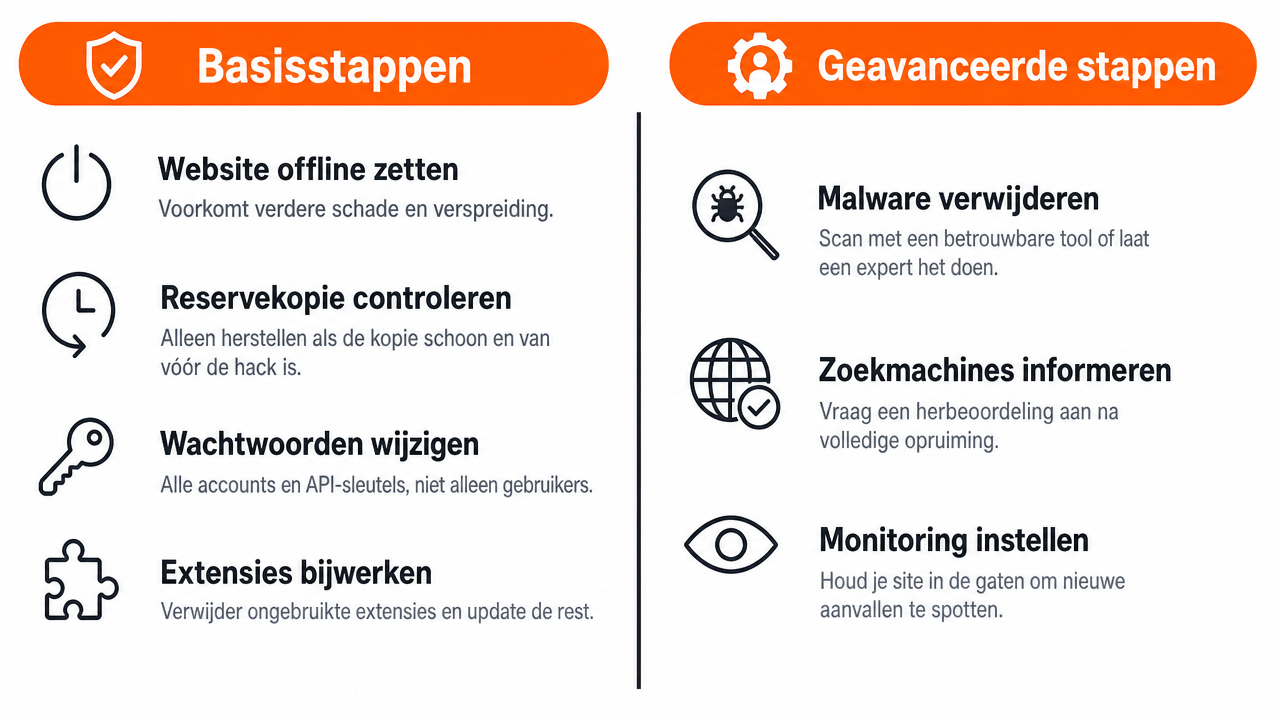 Infographic toont herstelstappen na een website-hack, opgesplitst in twee kolommen: basisstappen (niet-technisch) en geavanceerde stappen (voor ontwikkelaars). Elke rij bevat een herstelactie met een korte uitleg, zodat lezers direct zien welke acties ze zelf kunnen ondernemen en wanneer ze een expert moeten inschakelen.