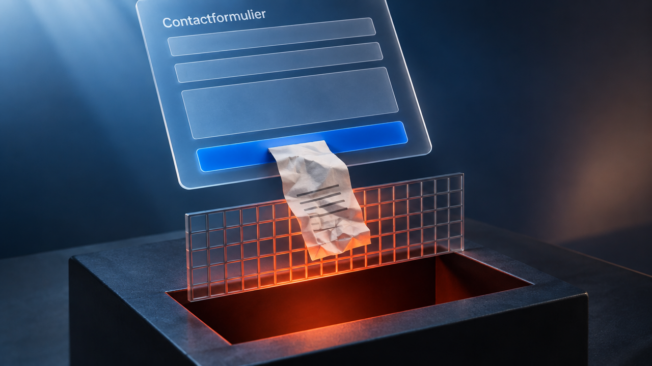 Illustratie van een contactformulier op een tablet met tekst contactformulier en een hand die informatie aanlevert. Leer waarom je contactformulier niet werkt en hoe je het oplost