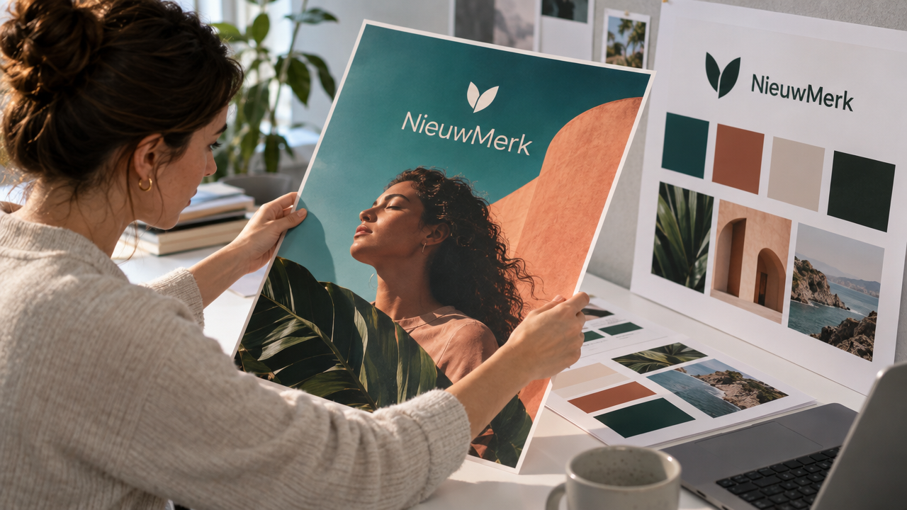 Controleer AI-gemaakte content op herkenbaarheid: twee collega's bespreken het ontwerp van NieuwMerk met huisstijl, kleuren en typografie