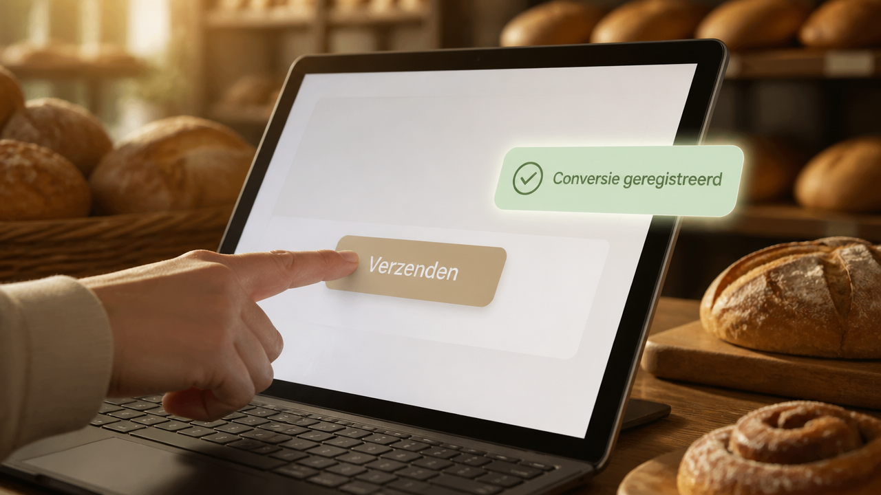 Hand drukt op verzenden in chatinterface met conversie getrackt voor bakkerij of webshop, wat is een conversie en waarom is het belangrijk