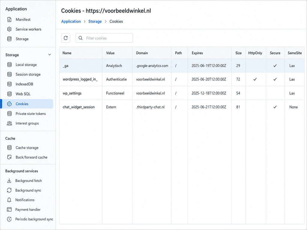 Een overzicht van fictieve cookies in browserontwikkelaarshulpmiddelen met duidelijke typelabels zoals analytisch, functioneel en extern en attribuutvlaggen zoals HttpOnly en Secure.