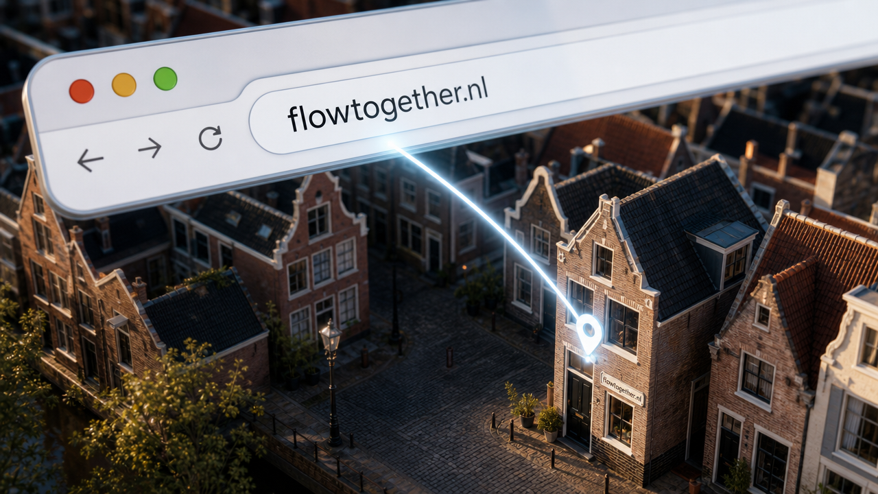 Uitleg over domeinnamen met voorbeeld van flowtogether.nl boven een Nederlandse straat met huizen en bomen