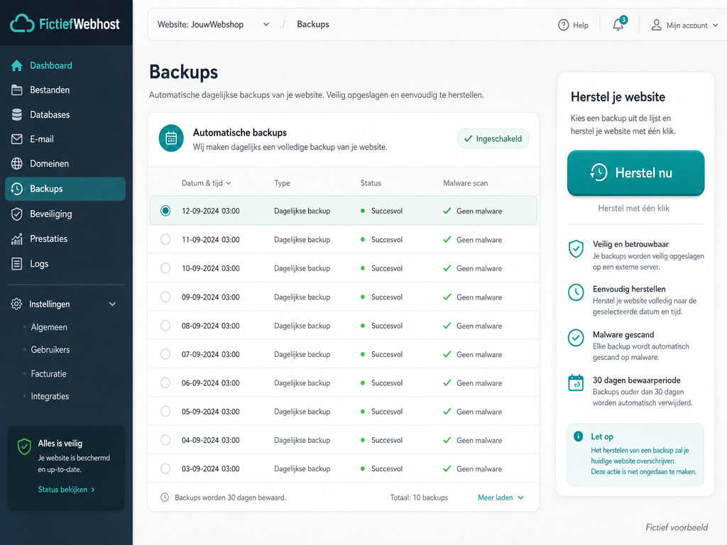Een fictief voorbeeld van een hostingdashboard met automatische backups en een één-klik-hersteloptie voor een website.