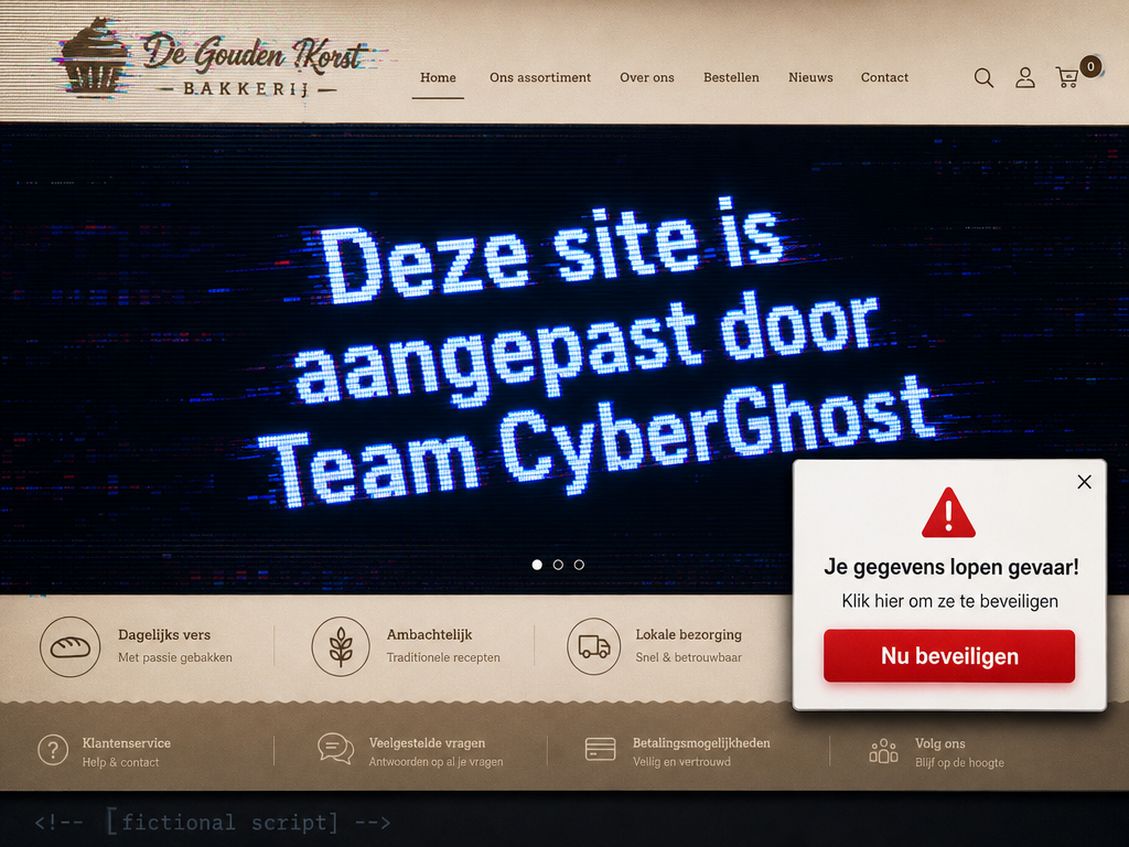 Fictief voorbeeld van een gehackte website: ongeautoriseerde tekst vervangt de hoofdafbeelding, vervormde logo's en een verdachte popup met phishing-prompt.