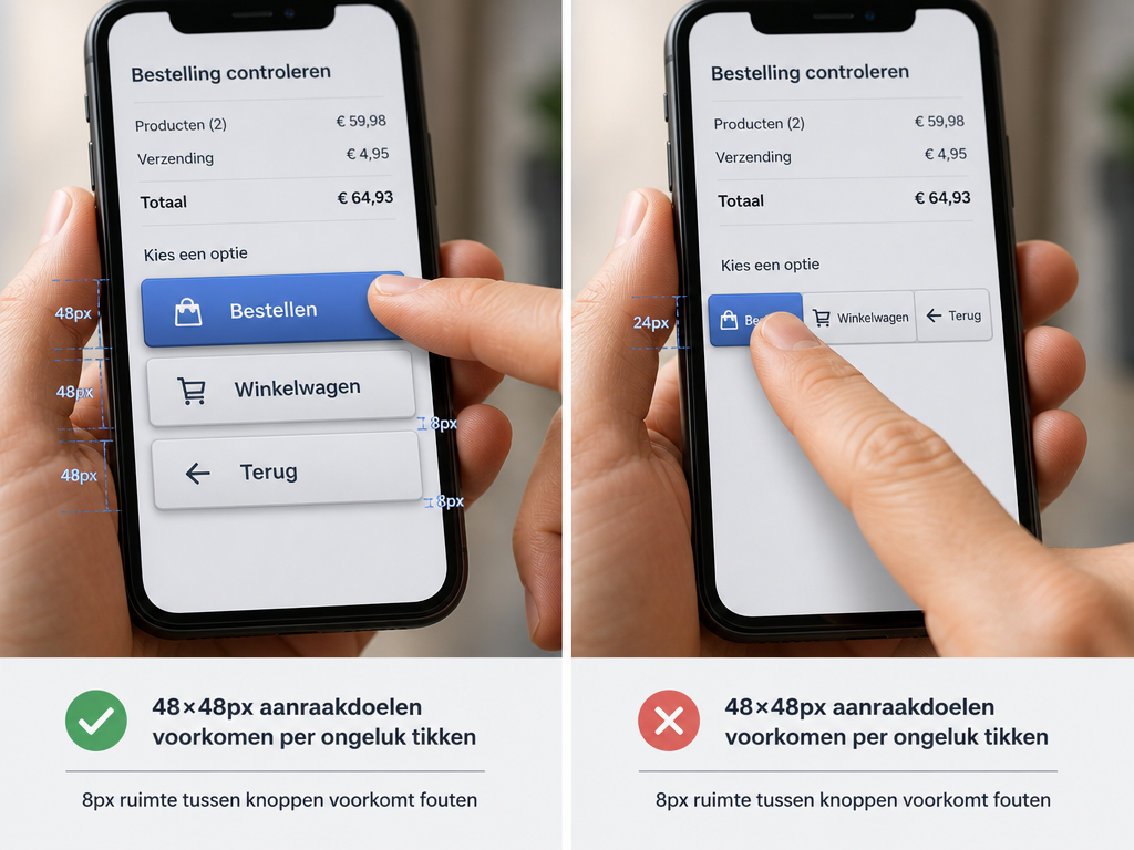 Twee voorbeelden van mobiele knoppen: links met 48×48px aanraakdoelen en 8px ruimte, rechts met te kleine knoppen en geen ruimte, met uitleg over per ongeluk tikken