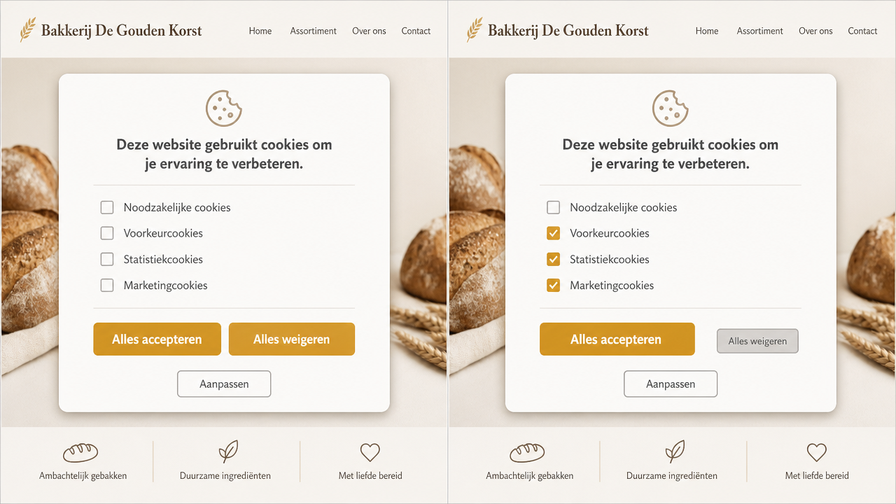 Twee voorbeelden van cookie-toestemmingsbanners: links een AVG-compliante banner met 'Alles weigeren' even prominent als 'Alles accepteren' en zonder vooraf aangevinkte hokjes; rechts een niet-compliante banner met een kleinere 'Alles weigeren'-knop en vooraf aangevinkte hokjes.