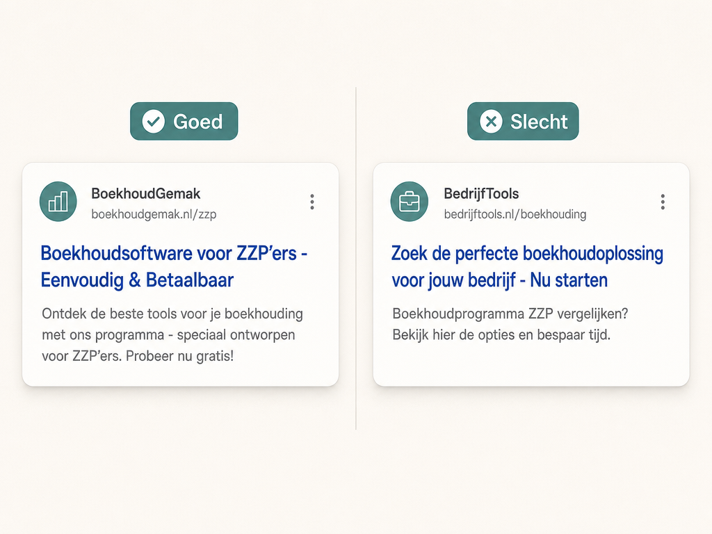 Twee voorbeelden van zoekresultaten: een goede titel en metabeschrijving die aansluiten bij de zoekintentie, en een slechte die vaag of misleidend is.