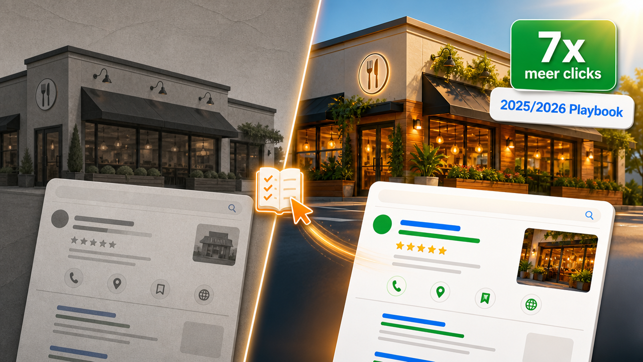 Hoe gebruik je Google's 2025/2026 playbooks voor 7x meer clicks? Illustratie toont stijging van website-engagement met schema-voorbeelden voor restaurants en hotels