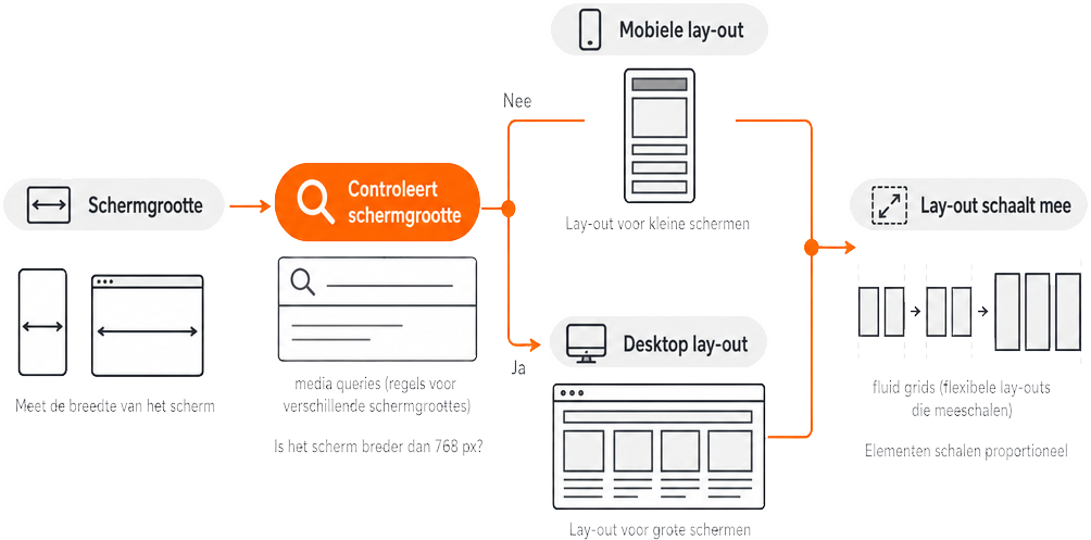 Een stroomdiagram dat laat zien hoe media queries (regels voor verschillende schermgroottes) en fluid grids (flexibele lay-outs die meeschalen) samenwerken om een responsive website (responsieve website) te maken. Eerst wordt de schermgrootte gemeten. Vervolgens controleert een media query of het scherm breder is dan 768 px. Bij nee wordt een mobiele lay-out toegepast, bij ja een desktop lay-out. Beide lay-outs schalen vervolgens proportioneel dankzij fluid grids.