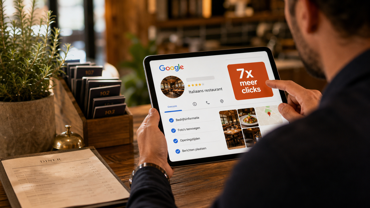 Tablet toont Google-zoekresultaten met Italiano Restaurant & Bar en rode banner 7x meer clicks voor horeca-SEO en Google-playbook 2026