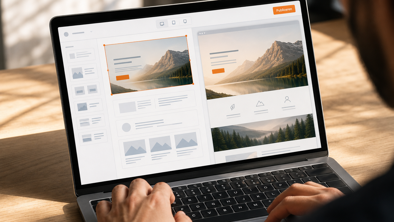 Laptopscherm toont CMS-website met berglandschappen en knoppen zoals bekijk meer, ideaal voor beheer je website met een cms zonder code