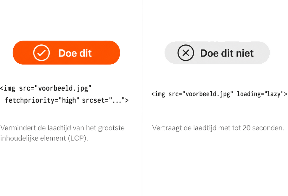 Zij-aan-zij vergelijking van de juiste en onjuiste aanpak voor het laden van het grootste inhoudelijke element (LCP): gebruik van <code><img></code> met <code>fetchpriority="high"</code> en <code>srcset</code> versus lazy loading, met effect op laadtijd.