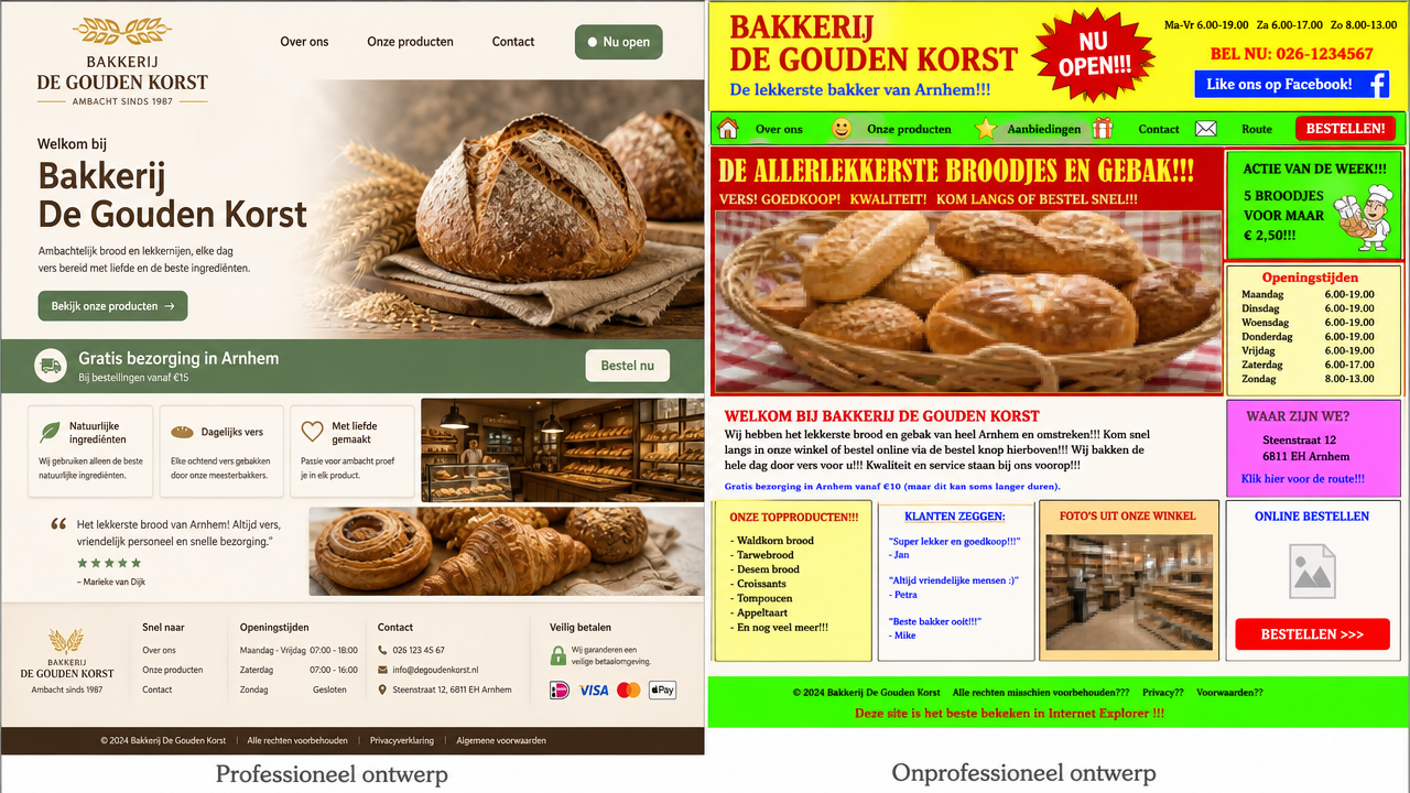 Vergelijking van een professioneel en onprofessioneel websiteontwerp: links een schone, moderne homepage met duidelijke navigatie en vertrouwenssignalen; rechts een rommelige, verouderde pagina met inconsistente opmaak en ontbrekende informatie.