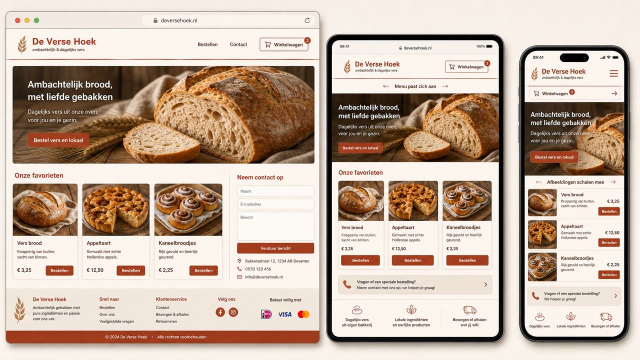 Een fictief voorbeeld van een Nederlandse bakkerijwebsite die zich aanpast aan verschillende schermformaten: het menu klapt in op een telefoon, afbeeldingen schalen mee en tekst vloeit opnieuw.