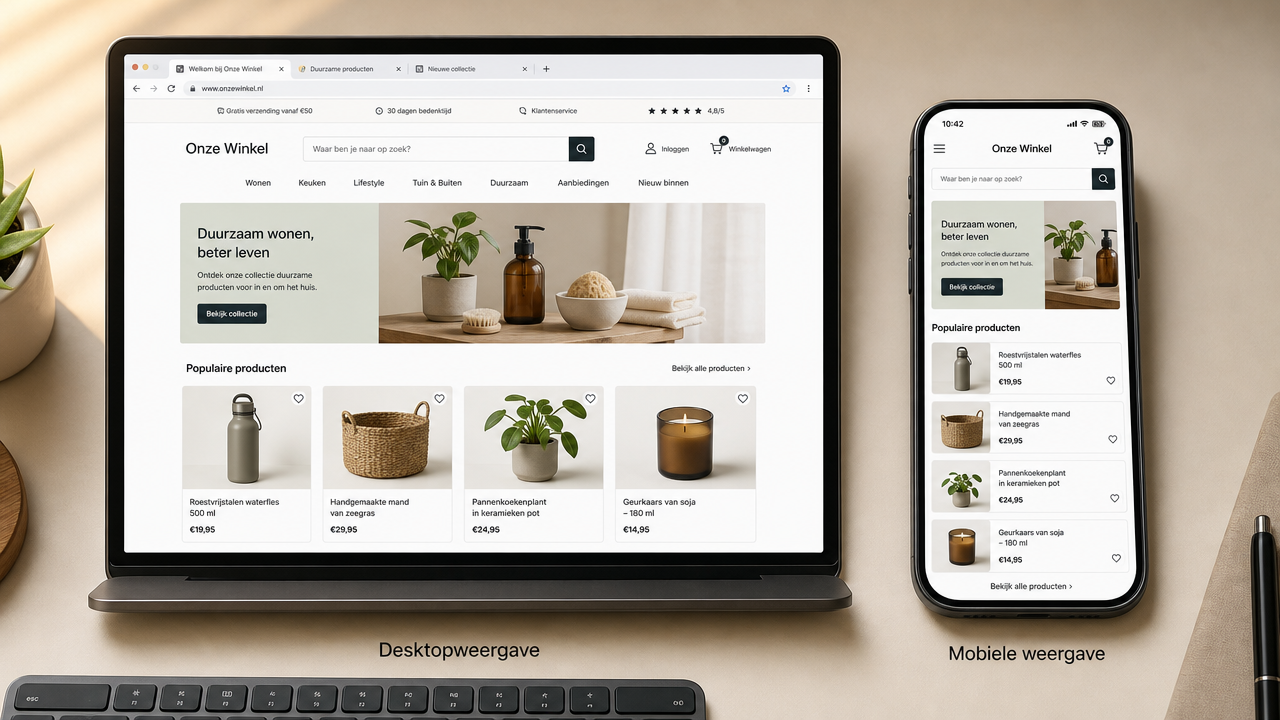 Een Nederlandse e-commercewebsite getoond op een desktopscherm links en een mobiel scherm rechts, met zichtbare aanpassingen in lay-out voor responsief ontwerp.