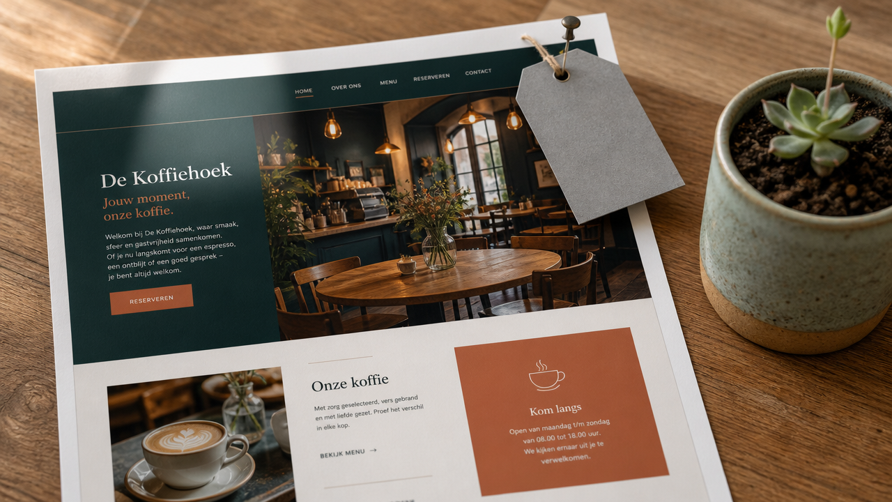 Schermweergave van website De koffiehoek met kop 'Koffie momenten om te koesteren' en knop bekijk menu voor zoekmachineoptimalisatie