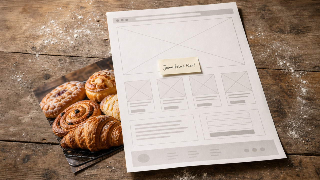 Schets van template voor receptenwebsite met broodjes en handgeschreven tekst your father's heart op plakband