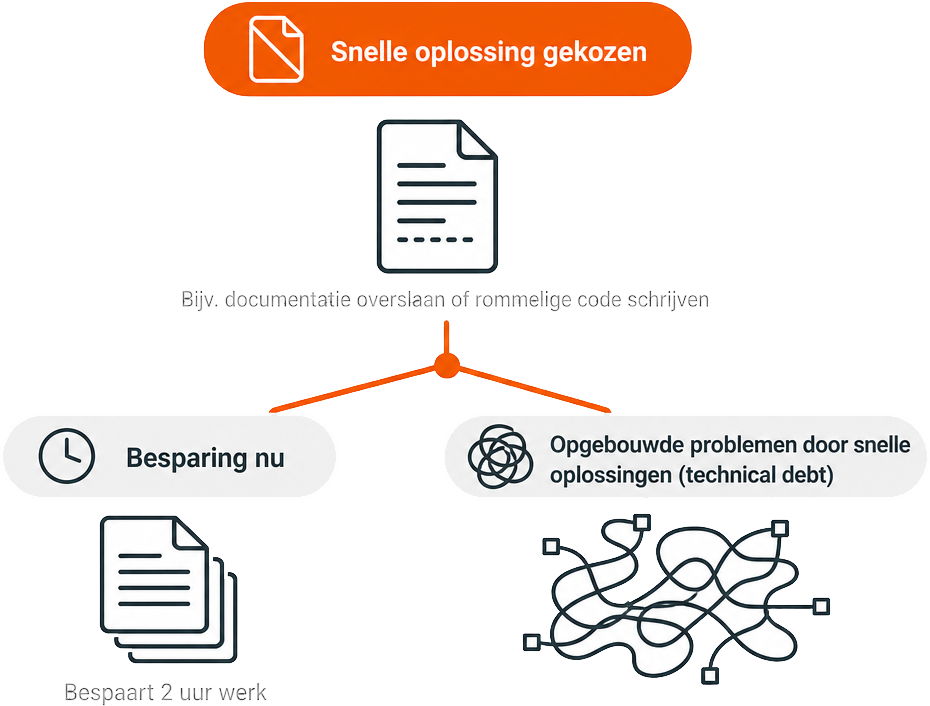 Een infographic die laat zien hoe een snelle oplossing in maand 1 tijd bespaart, maar tegelijkertijd de basis legt voor opgebouwde problemen (opgebouwde problemen door snelle oplossingen (technical debt)) door rommelige code of ontbrekende documentatie.