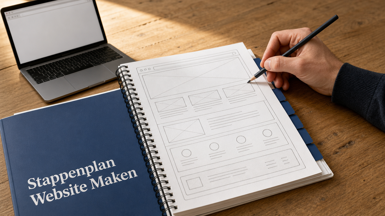 Stappenplan website maken: schets wireframe op notitieblok met pen en stappenplan 'Stappenplan Website Maken' op tafel naast laptop