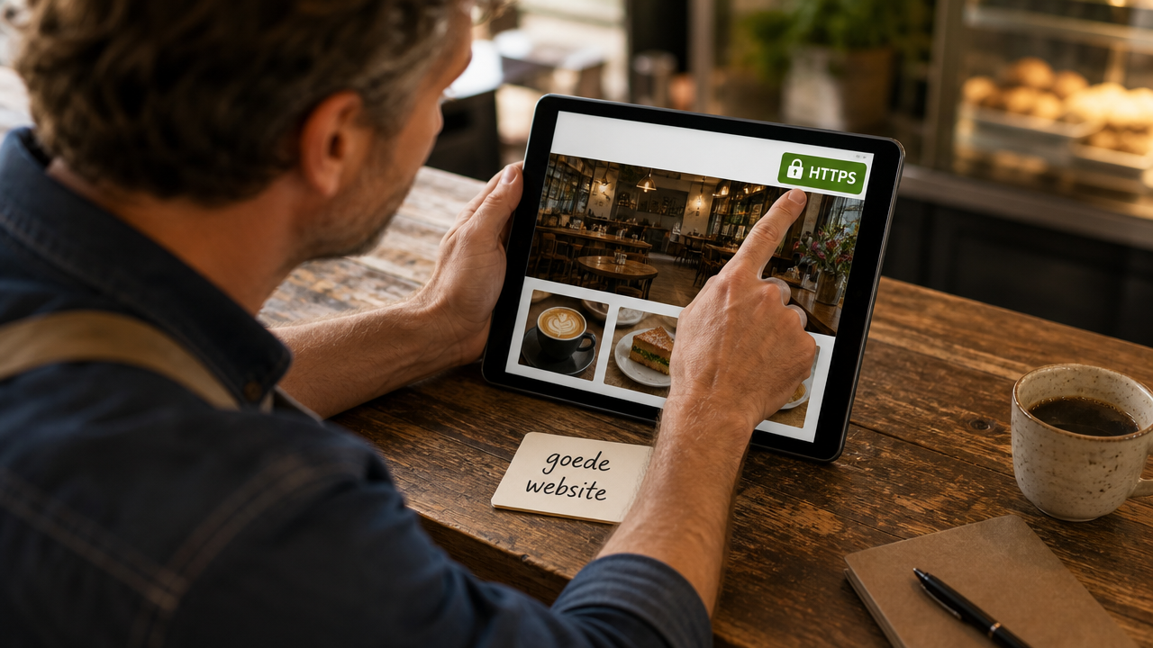 Hand op tablet met website met HTTPS en gerechten, naast notitieblok met goede website en koffiekopje, over waar moet jouw goede website aan voldoen