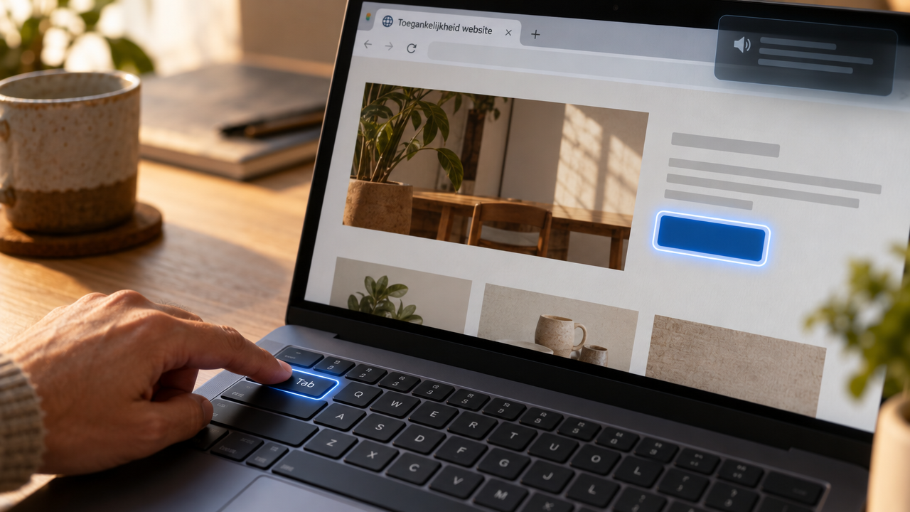Hoe pak je de toegankelijkheid van je website aan? Laptopscherm toont propertycloud.webnode met woninginterieurs en more info-knop