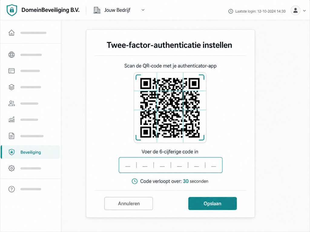Een fictief voorbeeld van het instellen van twee-factor-authenticatie in een domeinregistrar-account, met een QR-code, een 30-seconden-codeveld en Nederlandse knoppen.