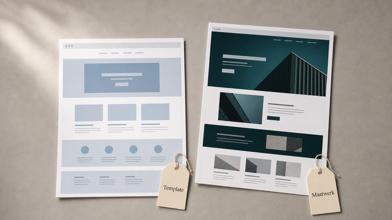 Twee websiteontwerp-sjablonen naast elkaar: links template met standaard lay-out, rechts maatwerk met unieke architectuurprojecten voor flexibeler website kosten