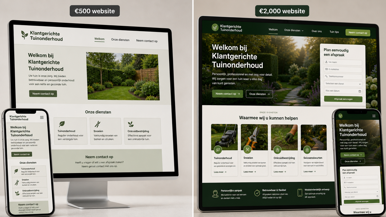 Zij-aan-zij vergelijking van twee fictieve ZZP-websites: links een basale €500-versie met beperkt design en mobiele fouten, rechts een professionele €2.000-versie met strak design, mobiele optimalisatie en extra functies zoals een boekingsformulier.