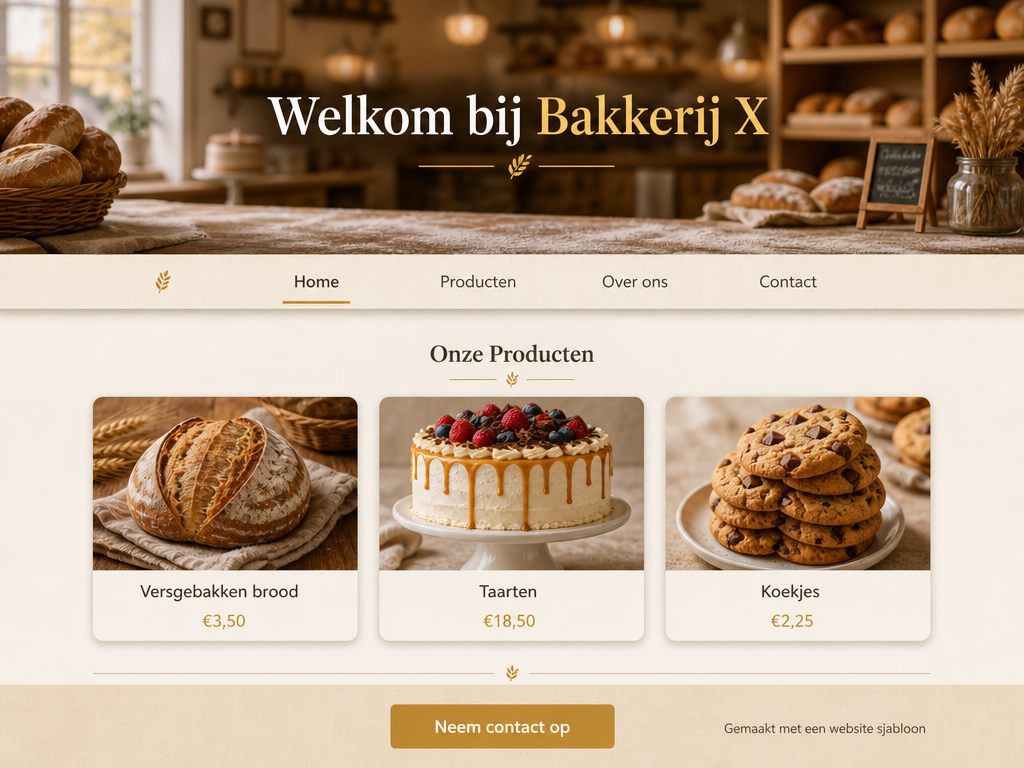 Een voorbeeld van een bakkerijwebsite gemaakt met een sjabloon, met een hero-afbeelding, navigatiemenu, productenoverzicht en footer. Illustratief en fictief.