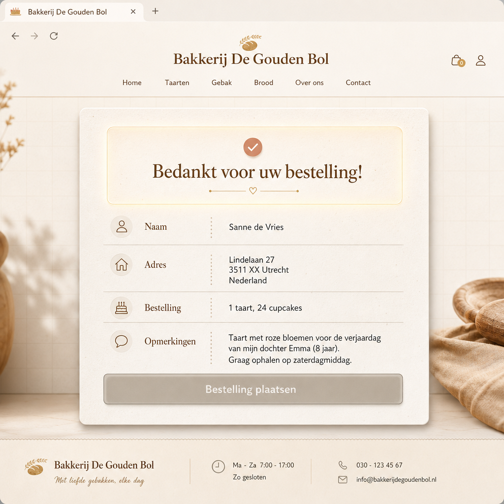 Een fictief voorbeeld van een conversie: een ingevuld bestelformulier van Bakkerij De Gouden Bol met een bevestiging dat de bestelling is geplaatst.