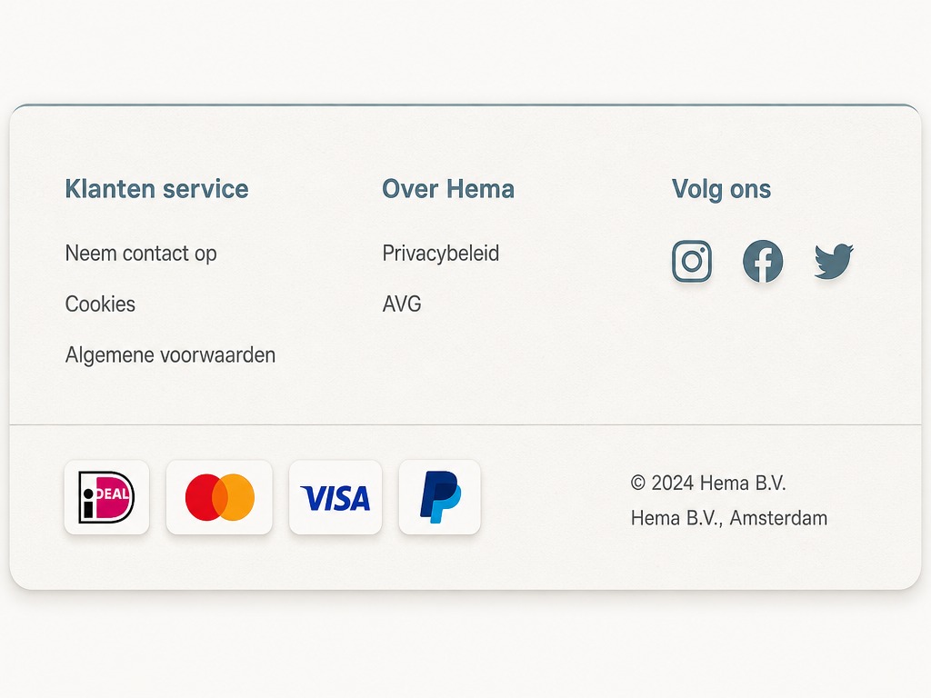 Een voorbeeld van een goed ontworpen footer, met semantische groepen zoals klantenservice, contactgegevens en juridische links.