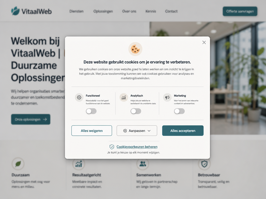 Voorbeeld van een GDPR-compliante cookie banner met granular toestemmingsopties, weigeringspariteit en duidelijke informatie over het gebruik van cookies.