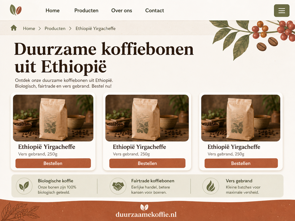 Een voorbeeld van een goed geoptimaliseerde Nederlandse webpagina voor een duurzame koffiewebshop, met Nederlandse zoekwoorden, een mobielvriendelijk ontwerp en hints voor gestructureerde data.