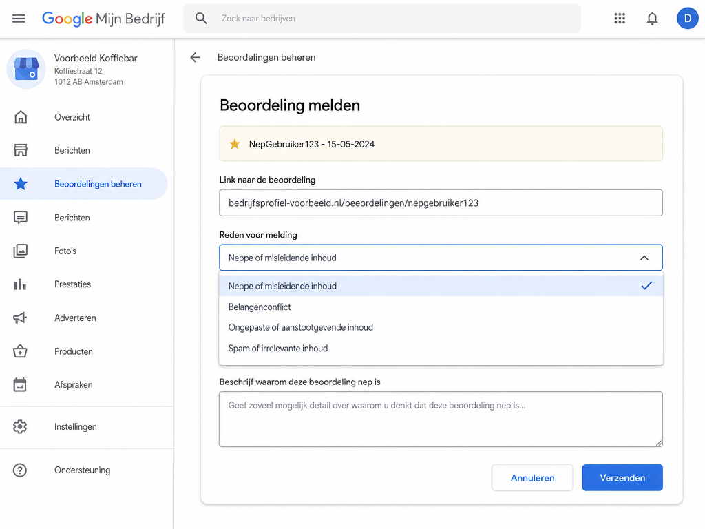 Voorbeeld van een fictief Google Mijn Bedrijf-formulier om een nepbeoordeling te melden, met velden zoals 'Link naar de beoordeling' en 'Reden voor melding'.