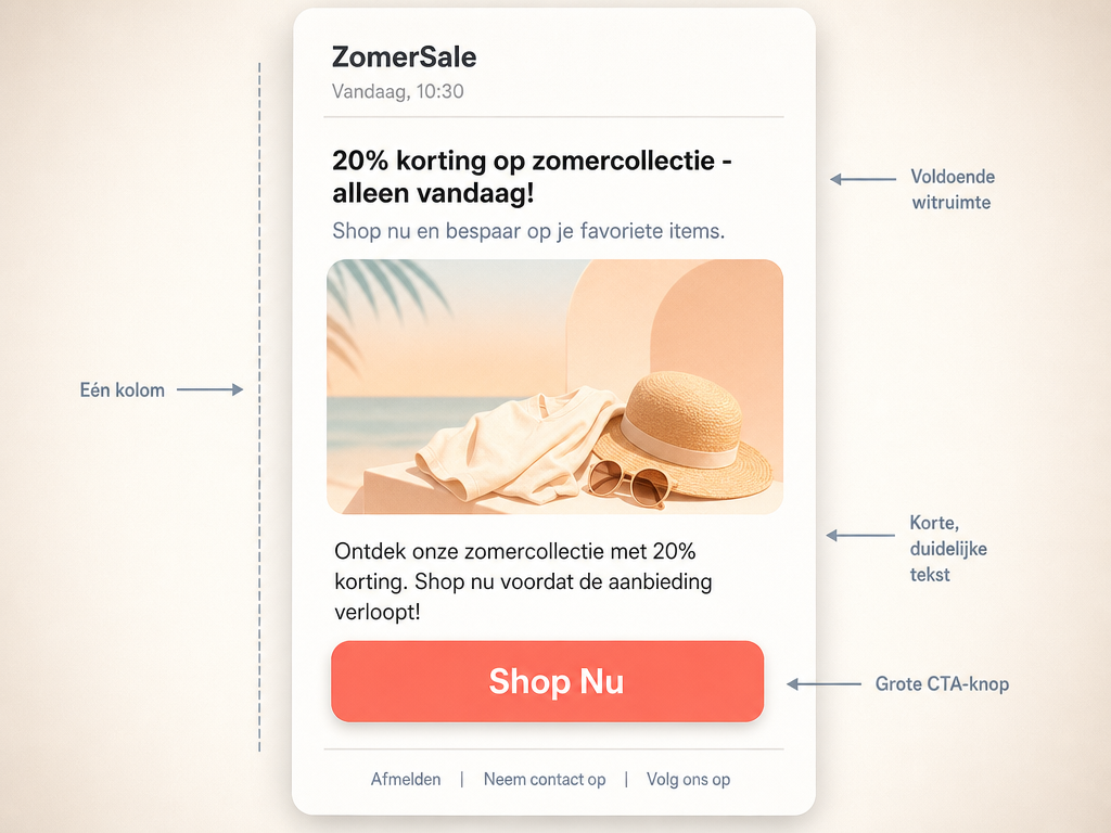 Een fictief voorbeeld van een mobielvriendelijke e-mailtemplate voor een webshop met een grote CTA-knop, korte tekst en een éénkolomsindeling.