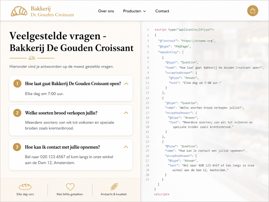 Een realistisch voorbeeld van een Nederlandse bakkerijwebsite met een duidelijke FAQ-sectie in het Nederlands en bijbehorende FAQ-schema-opmaak in JSON-LD. De vragen en antwoorden zijn fictief maar passen bij een bakkerij, zoals openingsuren en productinformatie.
