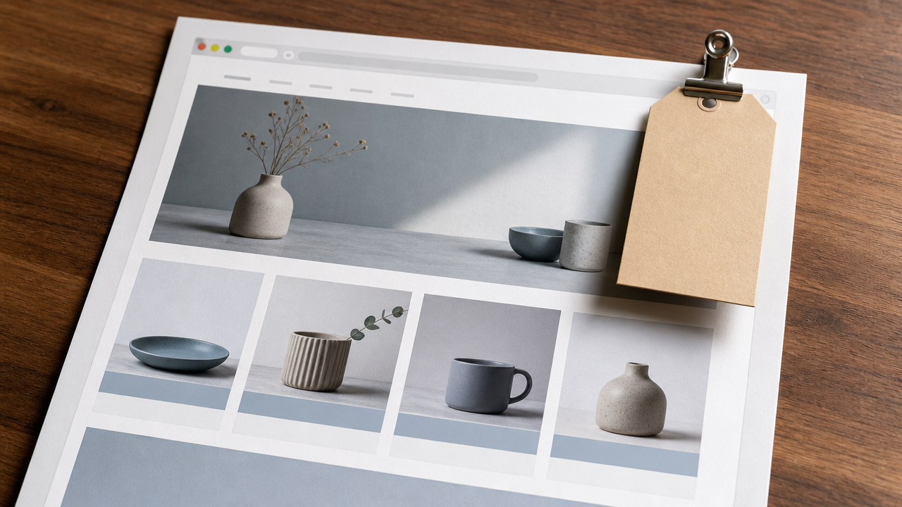 Voorbeeld van een online portfolio met keramiekproducten zoals een vaas, schaaltje, mok en bord. Ontdek wat een website voor ZZP'ers en webshops echt kost
