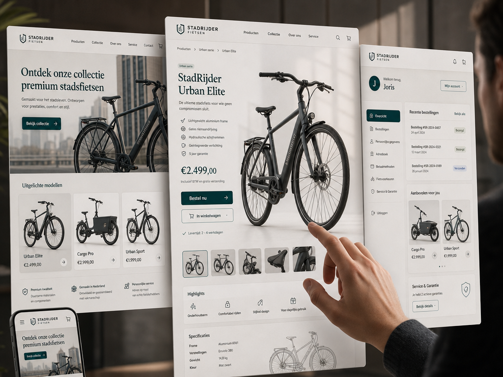 Een fictief voorbeeld van een op maat gemaakte enterprise-website voor een webshop, met homepage, productpagina en gebruikersdashboard. Toont geavanceerde functionaliteiten zoals e-commerce, gebruikersaccounts en integraties.