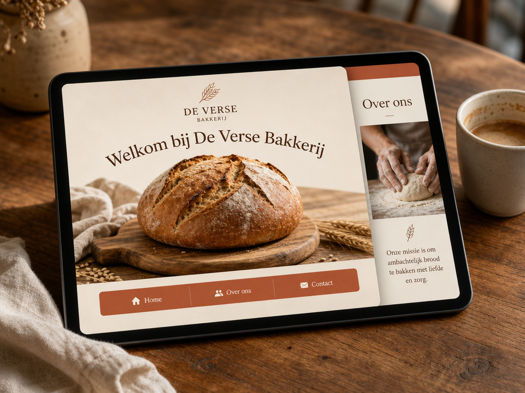 Een fictief voorbeeld van een basis op maat gemaakte website voor een bakkerij, met een homepage en 'Over ons'-pagina. Toont een professioneel maar eenvoudig ontwerp zonder geavanceerde functionaliteiten.