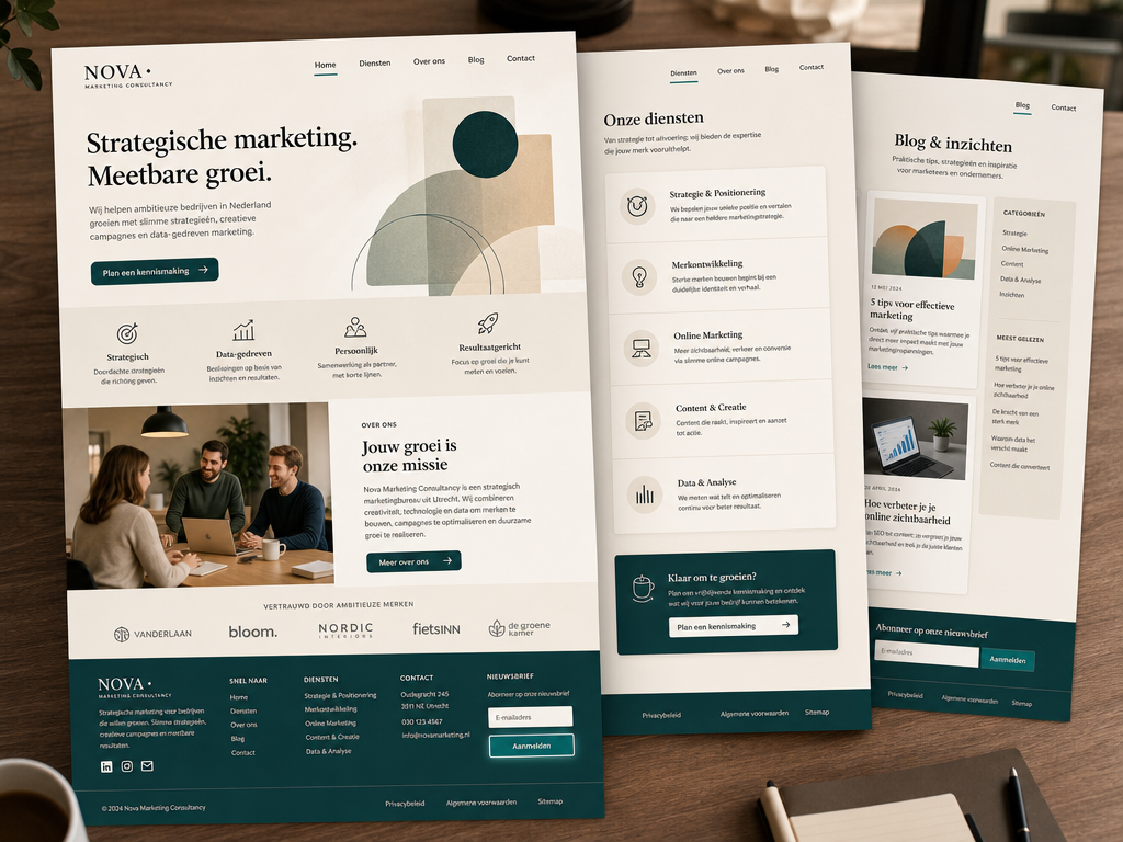 Een fictief voorbeeld van een professionele op-maat-gemaakte website voor een groeiend bedrijf, met een homepage, dienstenpagina en blog. Toont een moderne lay-out met navigatie, contentsecties en een nieuwsbriefsignup.