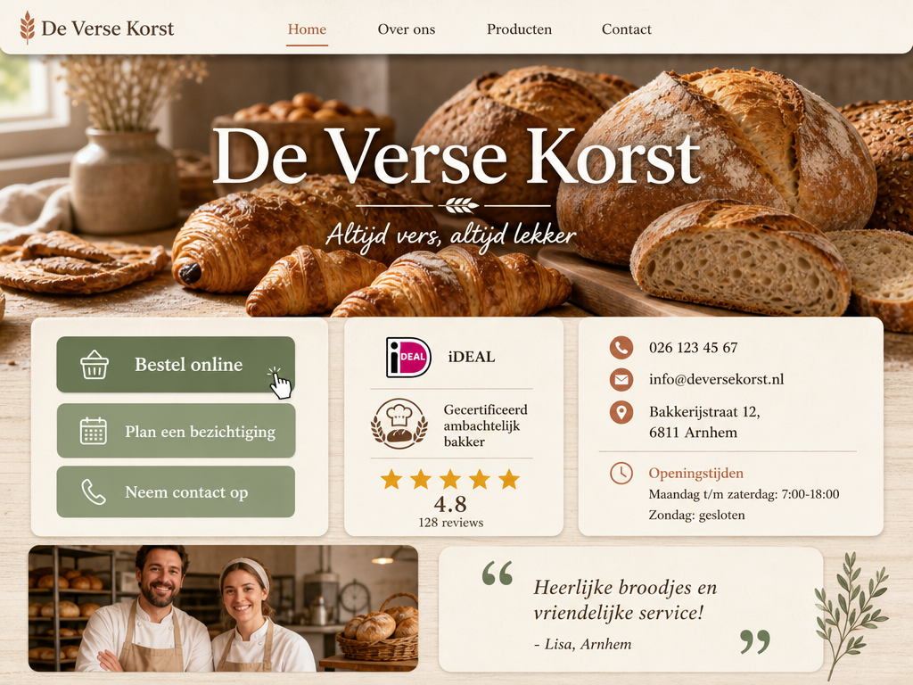 Een voorbeeld van een professionele website voor een lokale bakkerij, met duidelijke contactgegevens, betrouwbaarheidsbadges en een schone, moderne ontwerp