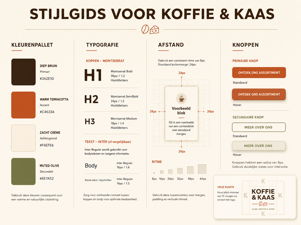 Voorbeeld van een stijlgids voor een website-ontwerp, met kleurenpalet, typografie, afstandsregels en knopstijlen.