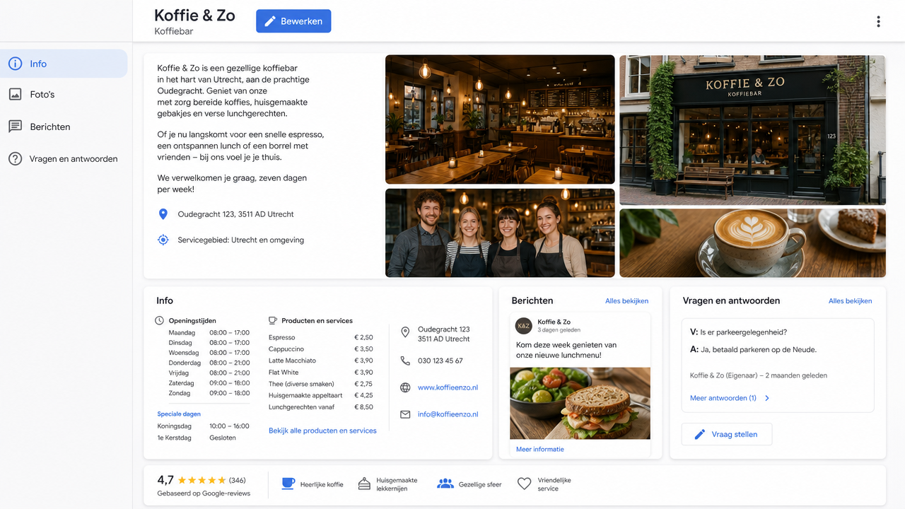 Een fictief maar realistisch voorbeeld van een volledig ingevuld Google Bedrijfsprofiel voor een café in Utrecht, met alle belangrijke secties zoals categorieën, beschrijving, foto's, openingstijden, producten, berichten en vragen en antwoorden.